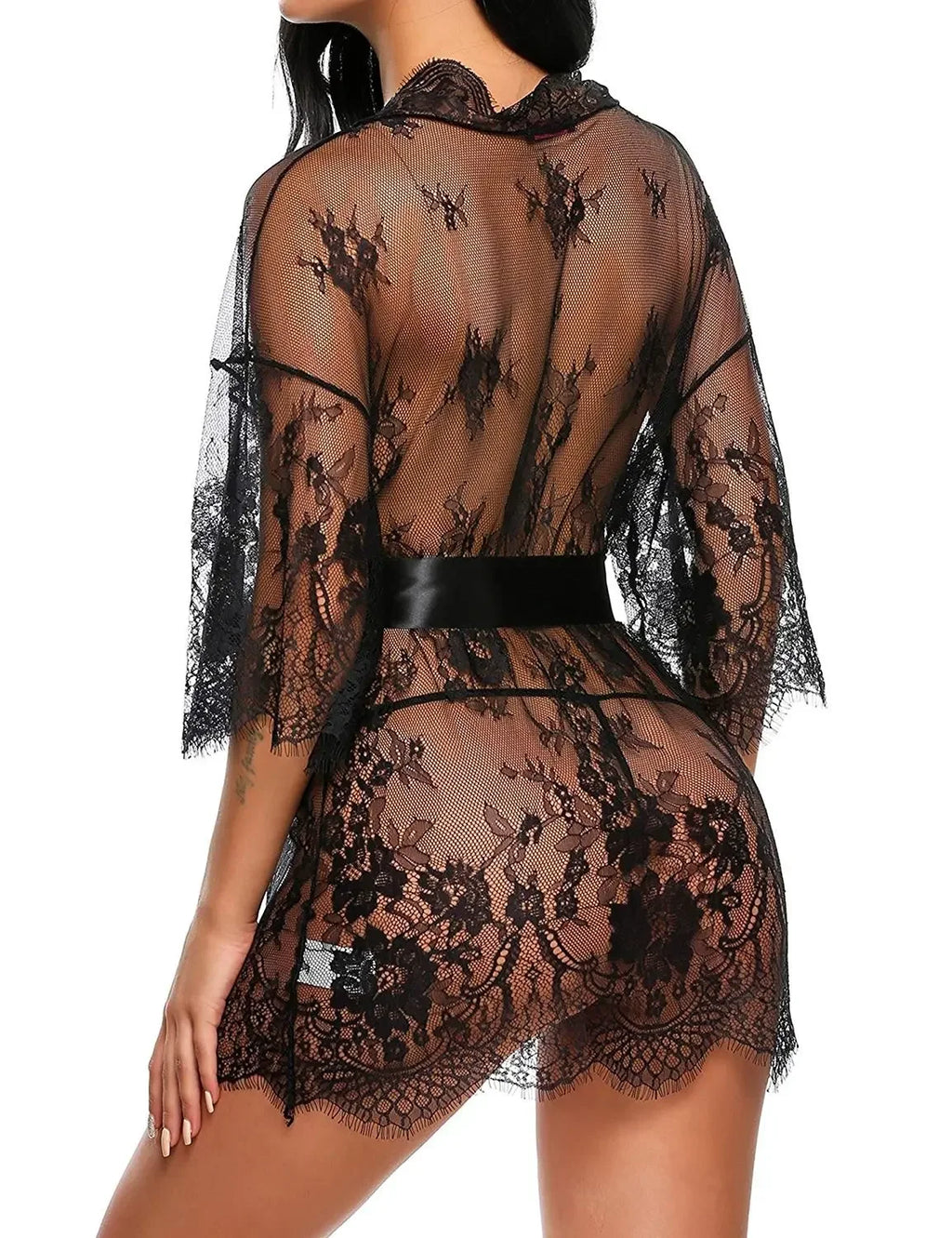 Babydoll Transparente con Cuello en V, Tanga de Encaje para Mujer