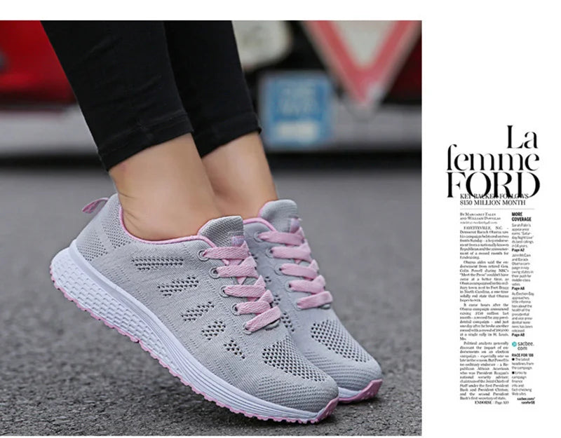 Zapatos informales para mujer, zapatillas planas de malla transpirables a la moda, zapatillas de deporte para mujer 2021, zapatos vulcanizados para gimnasio, calzado blanco para mujer