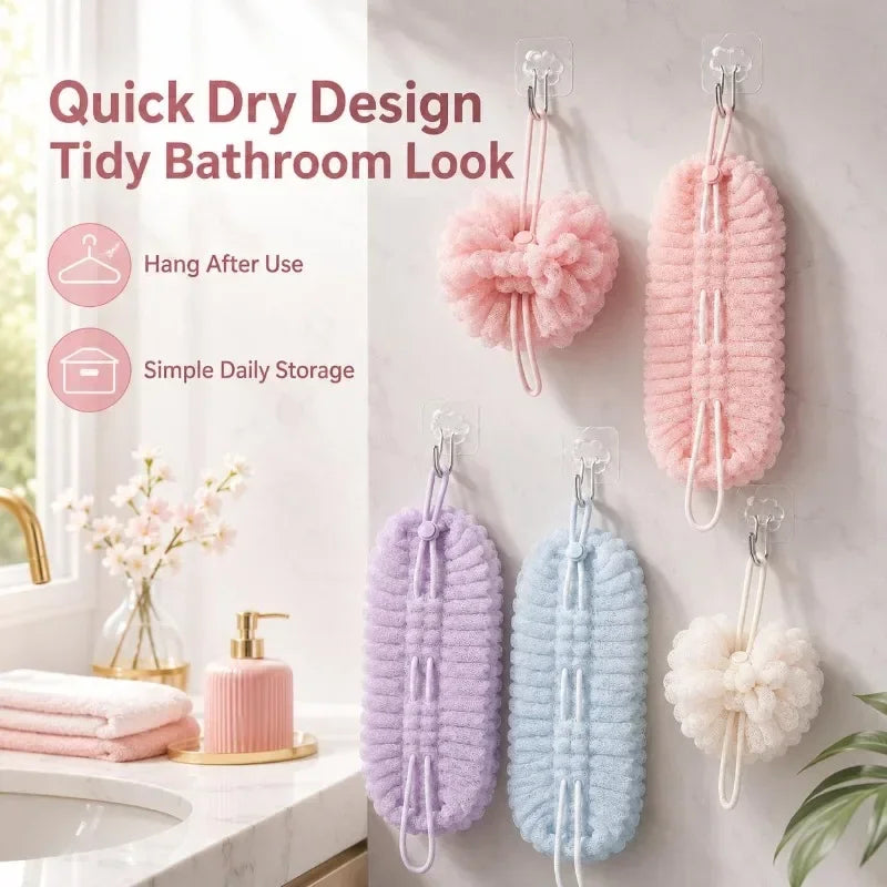 Toalla exfoliante 2 en 1 para baño, cepillo para limpiar la espalda y esponja de ducha con ventosa, gancho de malla suave, portátil y duradero para el baño