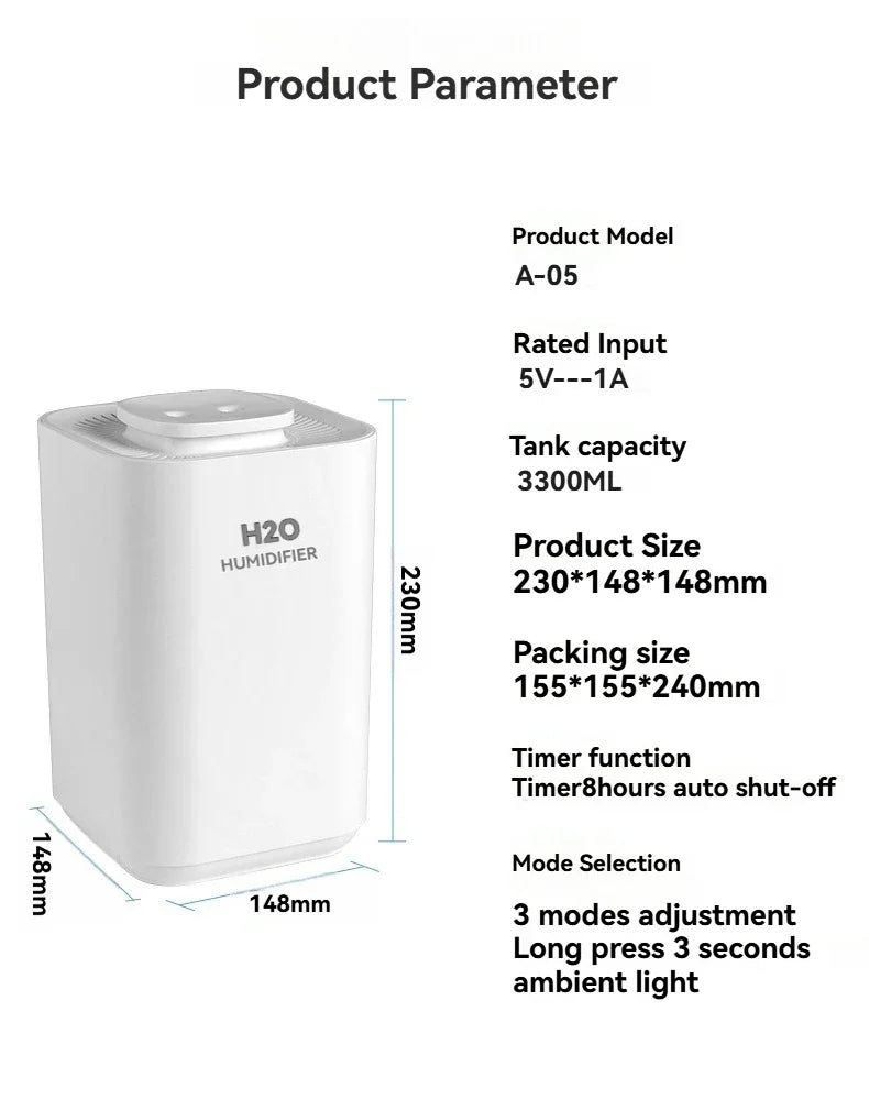 Humidificador con luz nocturna, 3.3L de gran capacidad, filtro dual, máquina de aromaterapia, USB, apagado silencioso programado, para dormitorio y coche