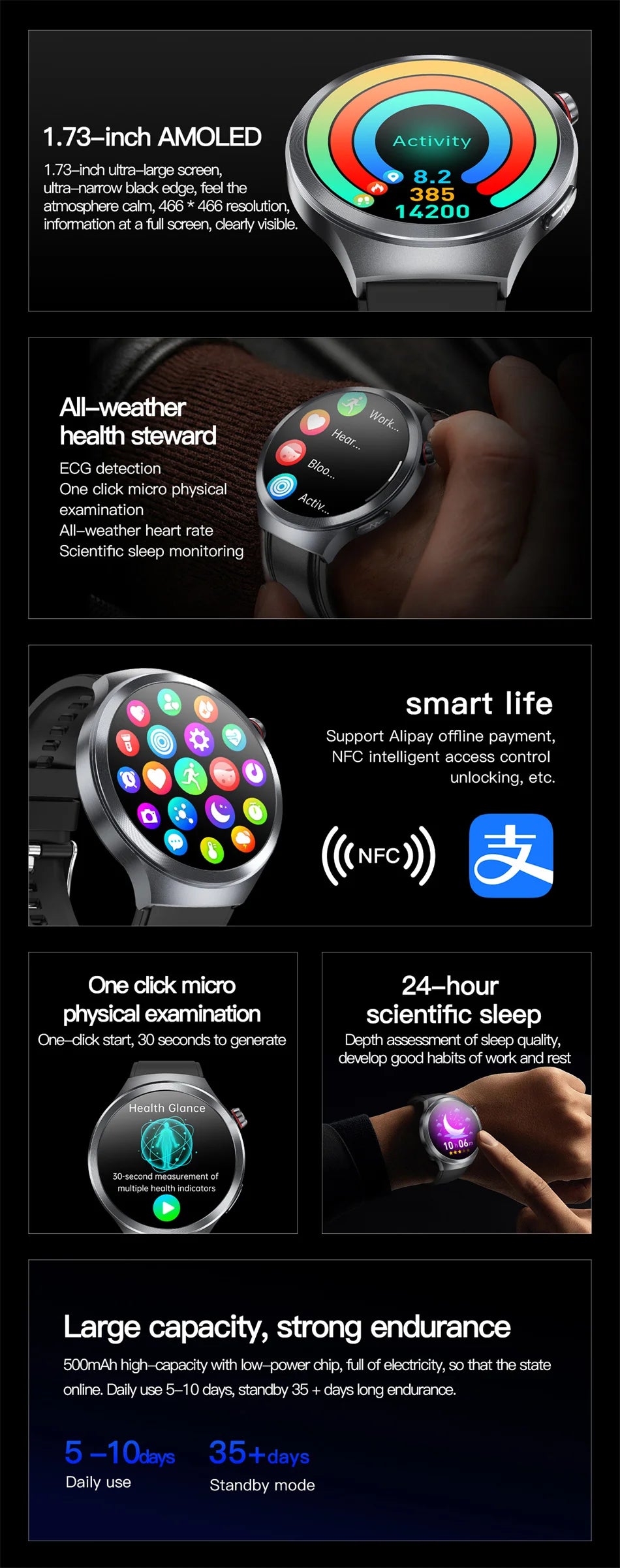 Nuevo Reloj Inteligente con Pantalla de Cristal de Zafiro de 1.73 Pulgadas, Monitor de Salud, Ácido Úrico, Grasa en Sangre, Presión Arterial, ECG+PPG, Análisis Corporal, para Hombre