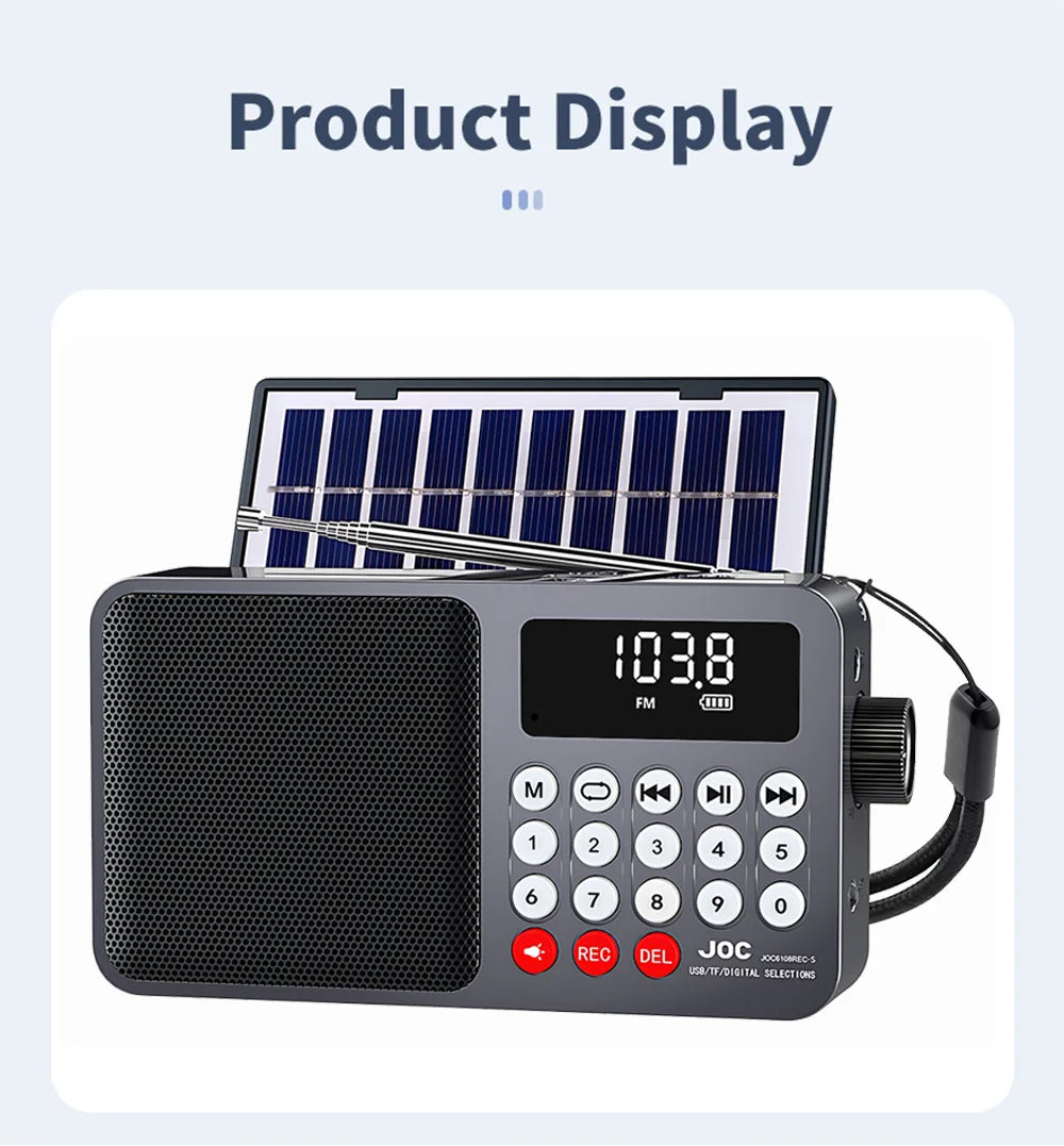 Radio FM Solar, Altavoz Bluetooth portátil con luz LED, compatible con grabación de tarjetas TF, reproducción USB, altavoz inalámbrico, Radio, receptor FM