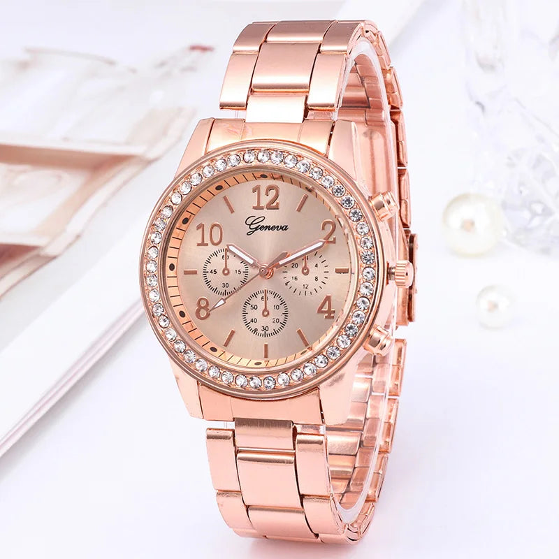 Reloj dorado para mujer Geneva, reloj clásico de acero inoxidable para mujer, relojes de cuarzo con diamantes de imitación a la moda, reloj de pulsera para mujer y niña