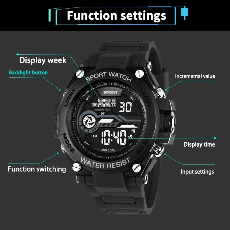 Reloj deportivo YIKAZE para hombre, relojes deportivos impermeables para hombre, reloj militar Digital LED multifunción, reloj despertador, reloj de pulsera electrónico