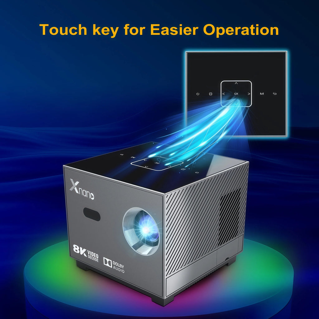 Mini Proyector Xnano X3 Android 9.0 Decodificación 8K Enfoque Eléctrico ±50 °   Sistema de Cine en Casa Portátil Keystone con Luz ARGB, Audio Dolby, WiFi y Bluetooth