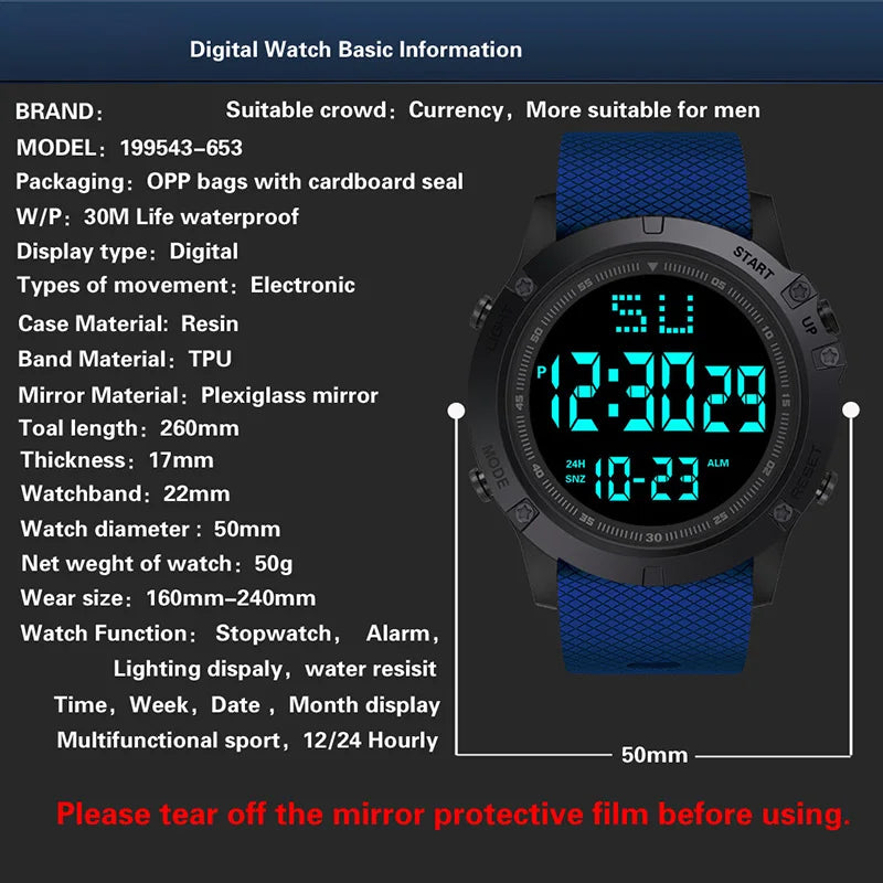 Reloj deportivo multifunción para hombre y niño, pulsera Digital LED luminosa, resistente al agua, esfera grande, electrónica para estudiantes
