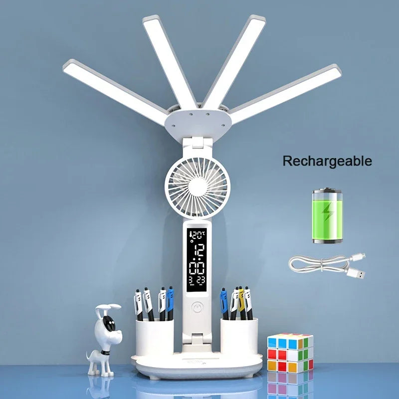 Lámpara de Mesa LED Plegable 3 Colores con Ventilador Reloj y Carga USB