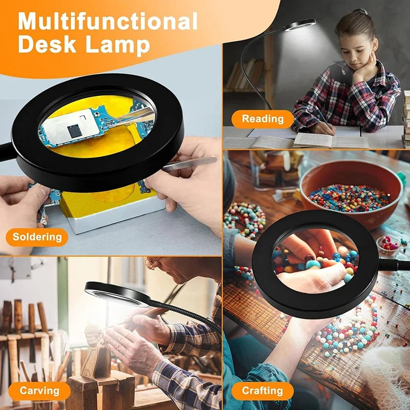 Lámpara de aumento 10X con clip 3 modos de color 10 atenuador de brillo 360 °   Lámparas flexibles de cuello de cisne para soldar lectura Nail Art