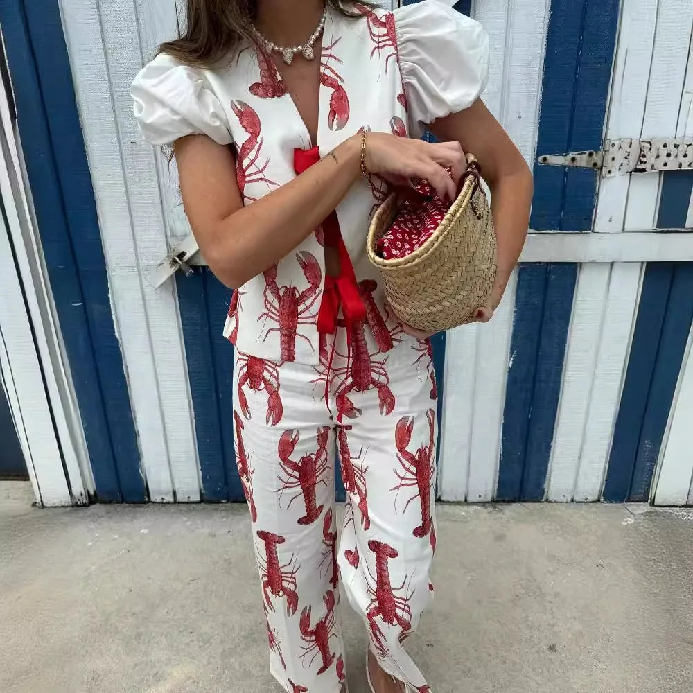 Conjunto de pantalones largos con estampado de crayón de dibujos animados para mujer, camisa de manga corta de verano, pantalón de pierna ancha de cintura alta, conjuntos de 2 piezas, trajes para mujer 2024