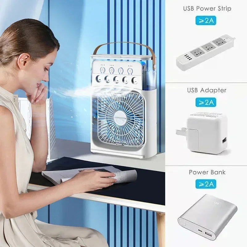 Ventilador 3 en 1 con Humidificador, Luz LED y Enfriamiento de Aire