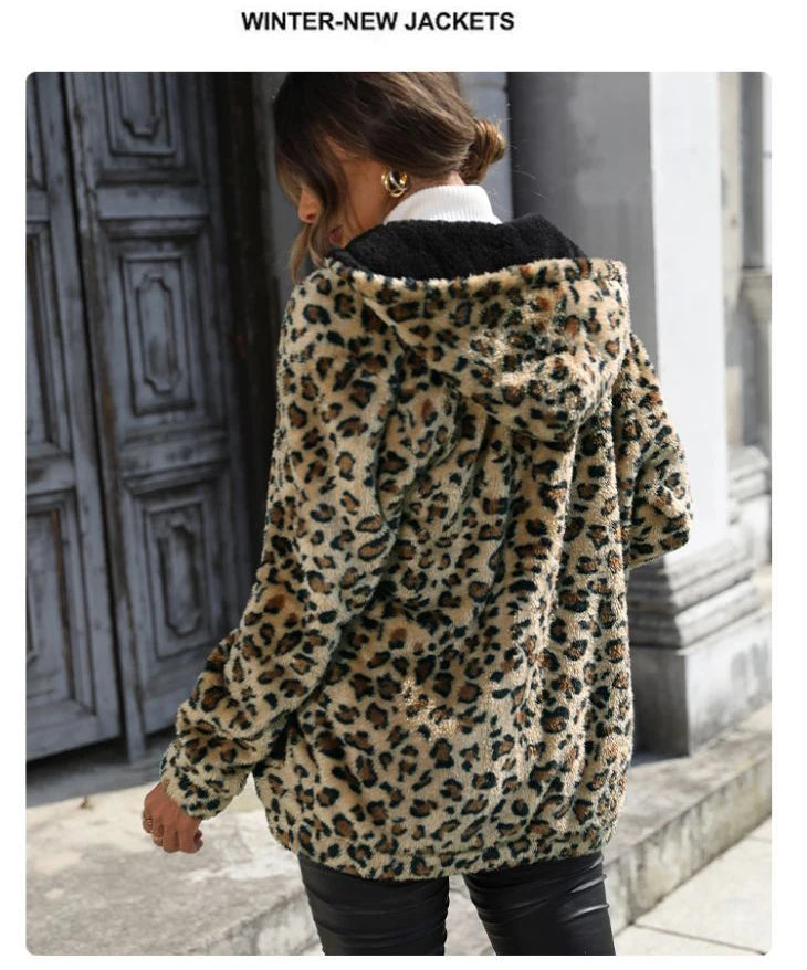 Otoño Invierno mujer moda abrigos con capucha manga larga estampado de leopardo de doble cara de felpa suelta cálida chaqueta gruesa abrigo con cremallera para mujer
