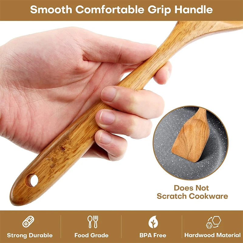 LMETJMA Paquete de 10 utensilios de cocina de madera de teca Natural, juego de utensilios de cocina con espátula y cucharas de madera para cocinar y hornear JT503