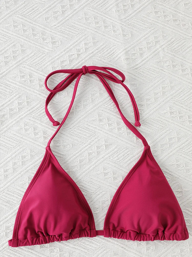 Conjunto de Bikini con Tanga para mujer, traje de baño Sexy con cordones laterales, traje de baño con lazo en el cuello, ropa interior de Bikini de estilo brasileño ajustable