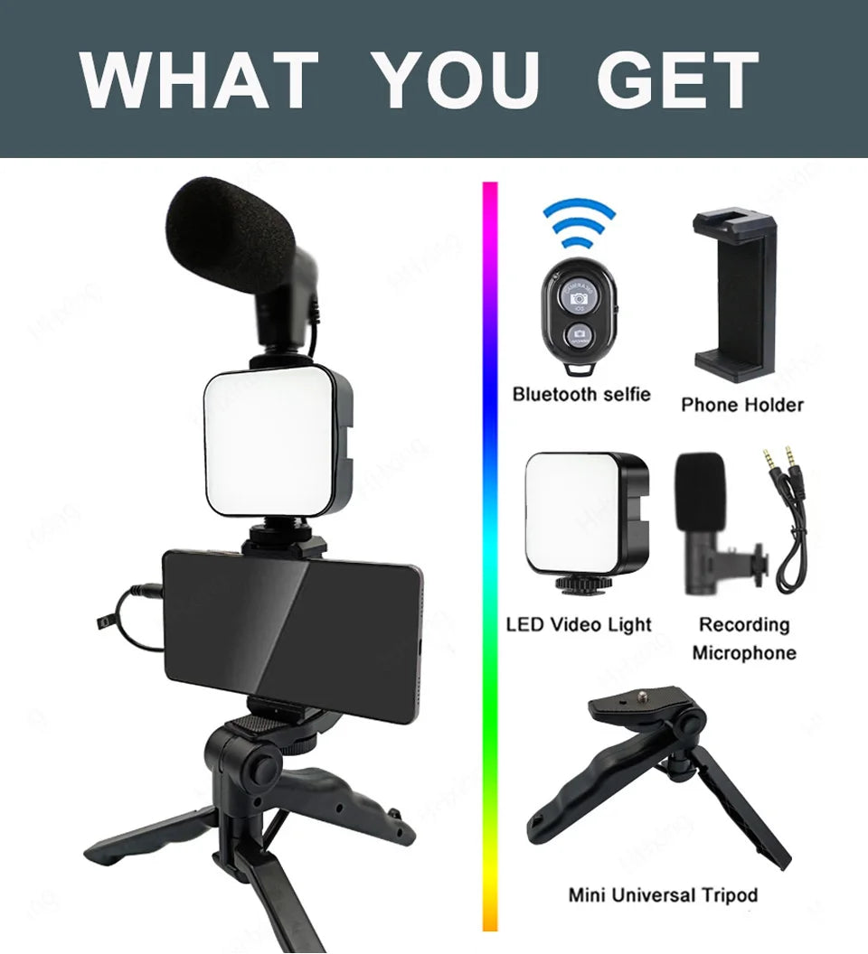 Soporte para teléfono móvil, iluminación de fotografía, Kit de vídeo para Smartphone, micrófono LED, trípode para Selfie, mango de grabación, soporte estabilizador portátil