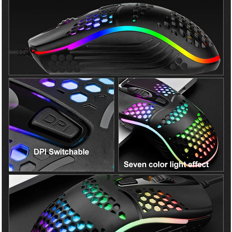 Ratón óptico con luz LED para juegos, Mouse ahuecado para ordenador portátil, escritorio, 4D, uso doméstico y oficina, 7 luces LED de respiración