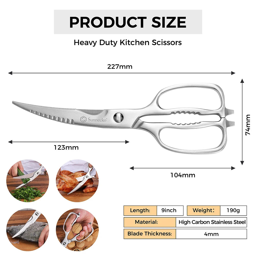 Sunnecko-tijeras de cocina profesionales de acero inoxidable, aptas para lavavajillas, cuchillas curvas de alta resistencia, tijeras de cocina, herramientas de corte