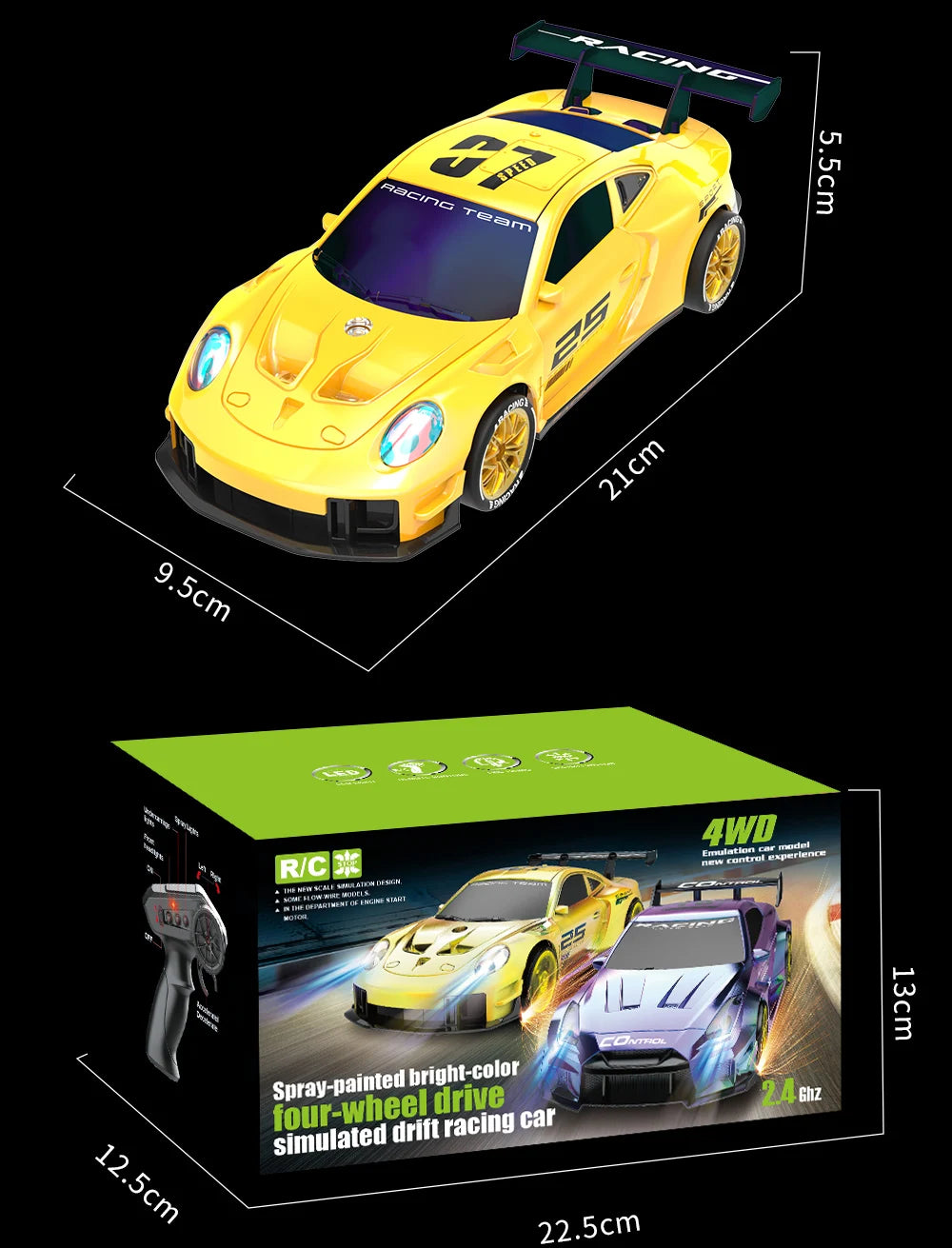 Mini Coche RC de Drift, 2.4G 4WD, Alta Velocidad con Luces LED