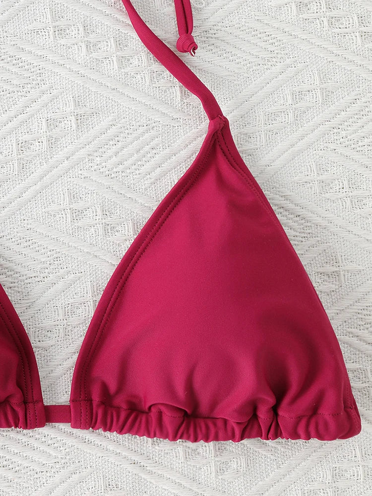 Conjunto de Bikini con Tanga para mujer, traje de baño Sexy con cordones laterales, traje de baño con lazo en el cuello, ropa interior de Bikini de estilo brasileño ajustable