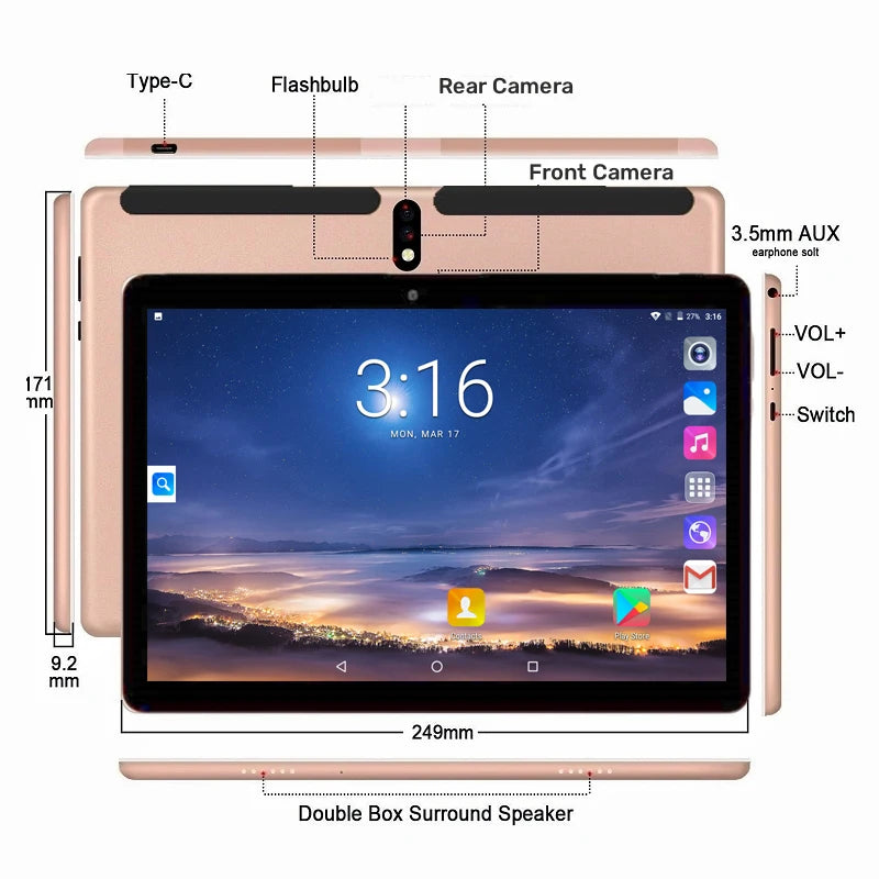 Tablet PC Android 9.0 de 10.1 Pulgadas en Oferta, CPU MTK9863 de Cuatro Núcleos, 2GB/3GB de RAM, 32GB de ROM, Cámara Dual, Pantalla IPS de 1280*800, Tipo-C, 5000mAh