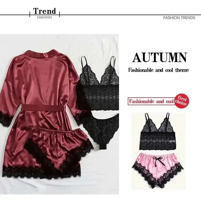 Conjunto de Pijama Sedoso con Encaje para Mujer - Camisón Sexy