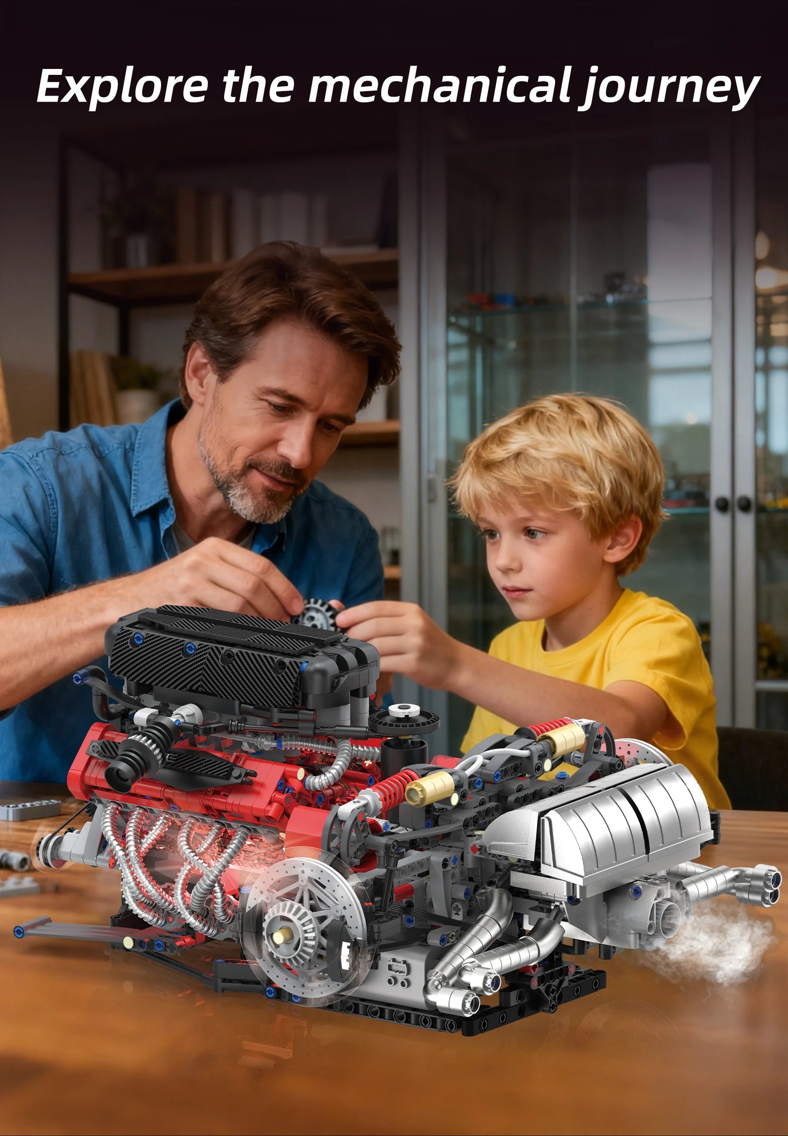 Juego de modelos de ensamblaje de bloques de construcción de motor V12 de 1610 Uds.-Kit MOC programable con control remoto por aplicación con luces y pulverización