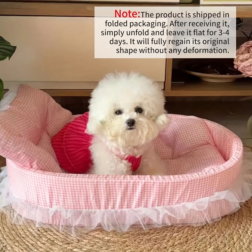 Cama de Princesa para Mascotas - Felpa Ovalada con Encaje para Perros y Gatos