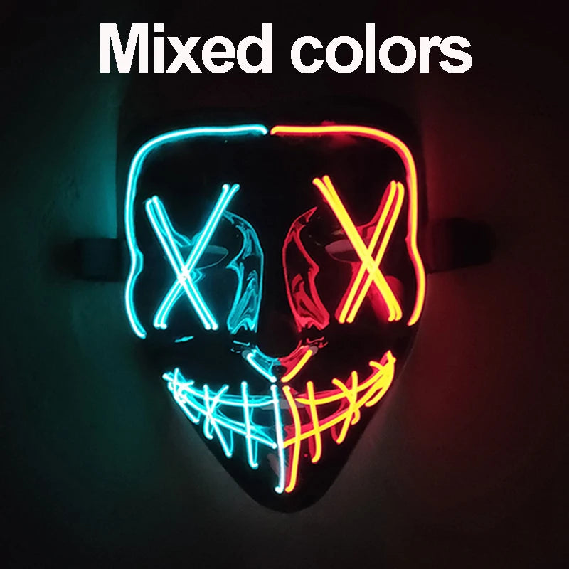 Máscara LED inalámbrica con luces intermitentes de colores mixtos, máscara de neón con cable EL, máscara luminosa para adultos, disfraces, cosplay, brilla en la oscuridad