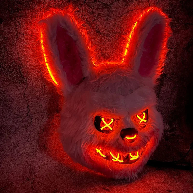 Máscara LED brillante de conejo sangriento para Cosplay, tocado de oso sangriento asesino aterrador para Halloween, disfraz de terror para mascarada de Carnaval
