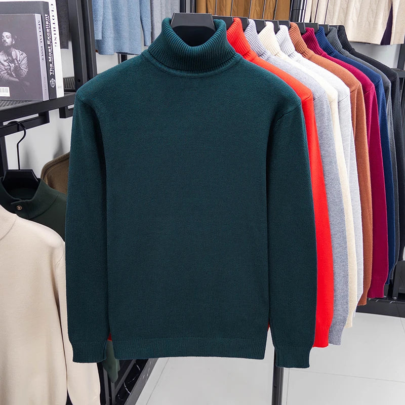 Otoño para hombre de alta calidad de punto suéter de cuello alto ajustado de manga larga anti-pilling jersey Color sólido tendencia hombres Streetwea