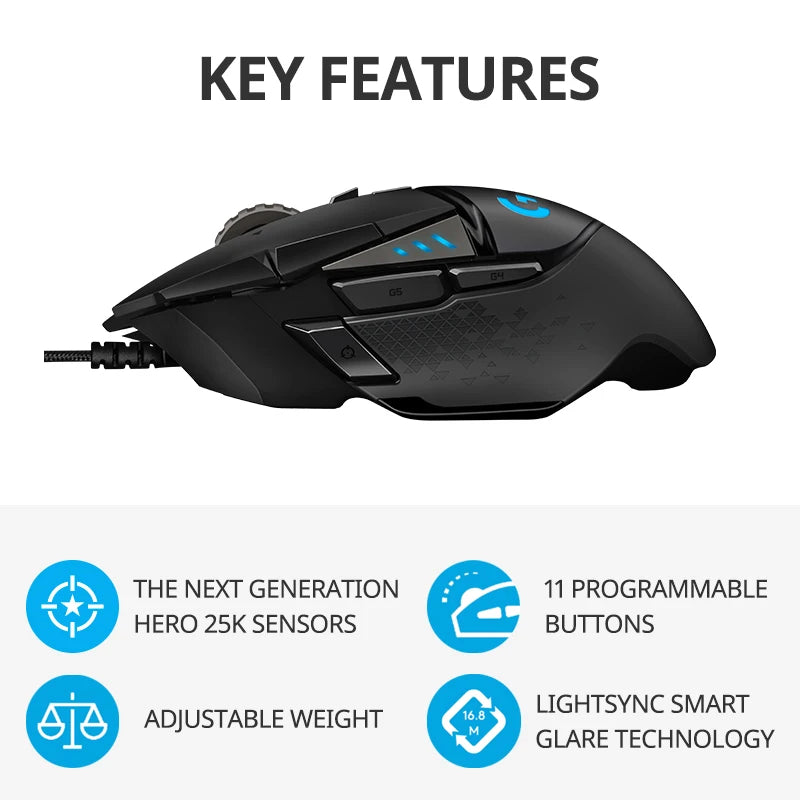 Logitech G502 HERO Ratón para juegos con cable de alto rendimiento, sensor HERO 25K, 25,600 DPI, RGB, pesas ajustables, 11 programables