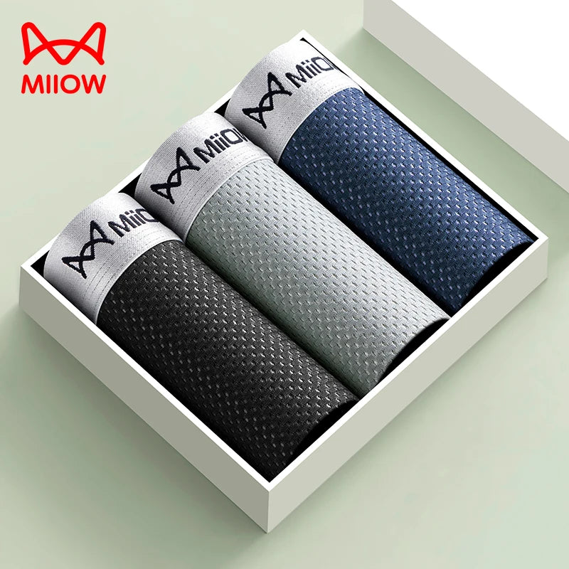 MiiOW, 3 uds., ropa interior de seda de hielo fresca para hombre, Boxers de malla transpirable, calzoncillos para hombre 7A, bragas antibacterianas en la entrepierna para hombre, calzoncillos Boxer
