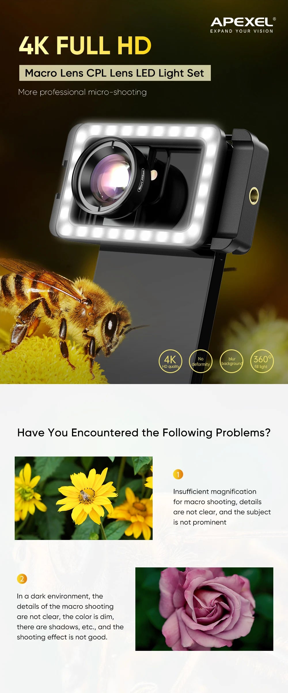 Lente Macro 4K HD 100mm APEXEL con Luz LED para Smartphone