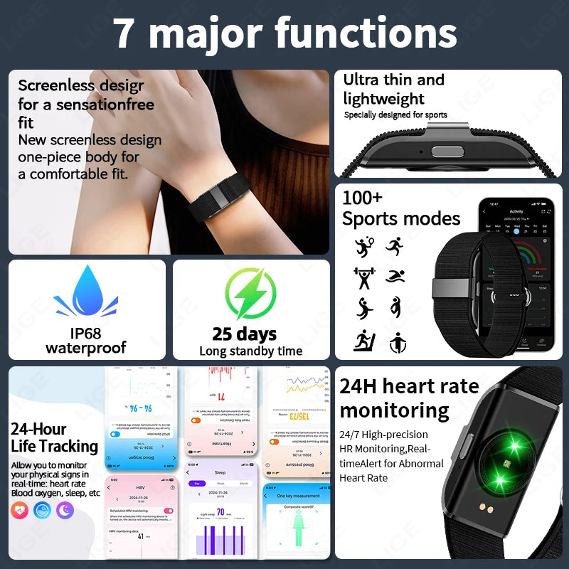 Pulsera inteligente LIGE 2026, monitor cardíaco y VFC, resistente al agua IP68