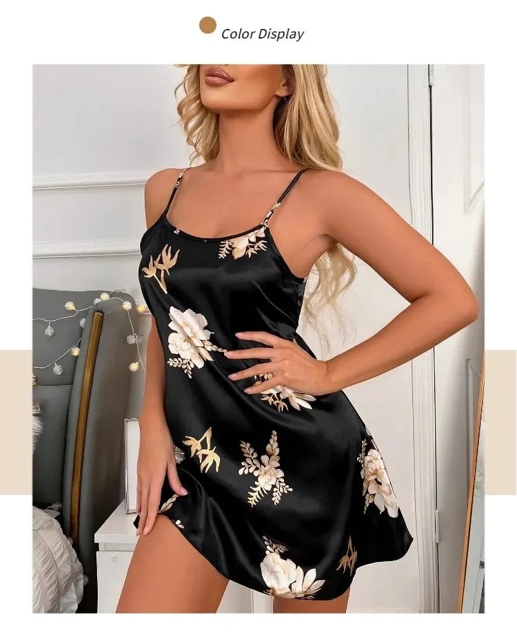 Camisón Sexy con estampado Floral para mujer, ropa de dormir de seda, color negro, para el hogar