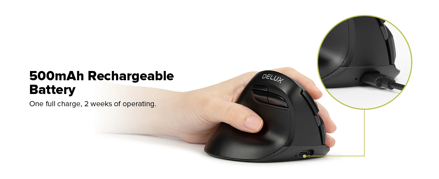 Delux M618ZD Ratón Vertical inalámbrico ergonómico de mano izquierda Bluetooth 2,4 GHz recargable silencioso clic ratones para oficina mano pequeña