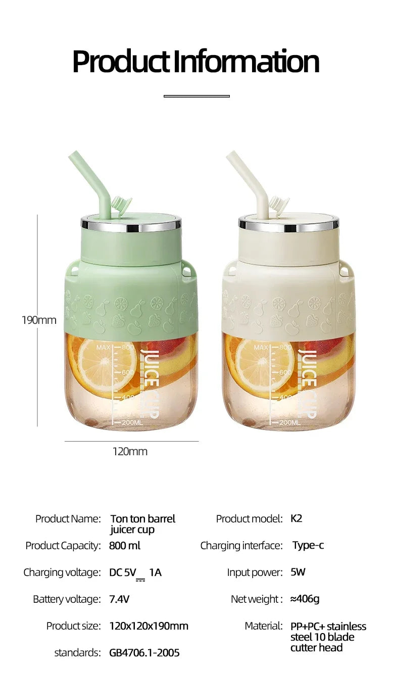 Exprimidor Portátil Eléctrico 800ml — 10 Cuchillas de Acero Inoxidable