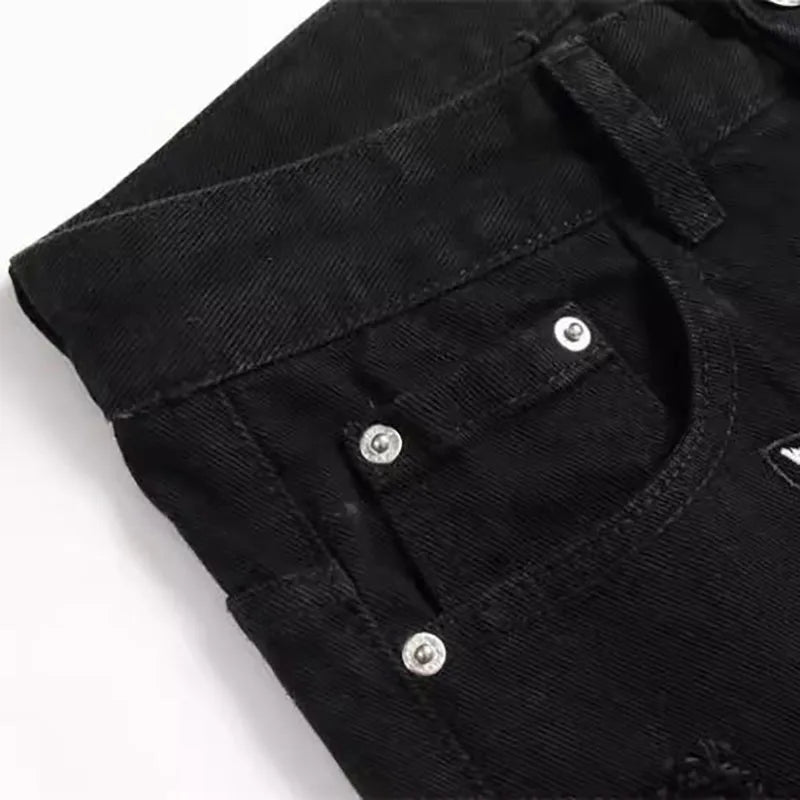 Pantalones Vaqueros Negros Rasgados Retro para Hombre, Pierna Recta