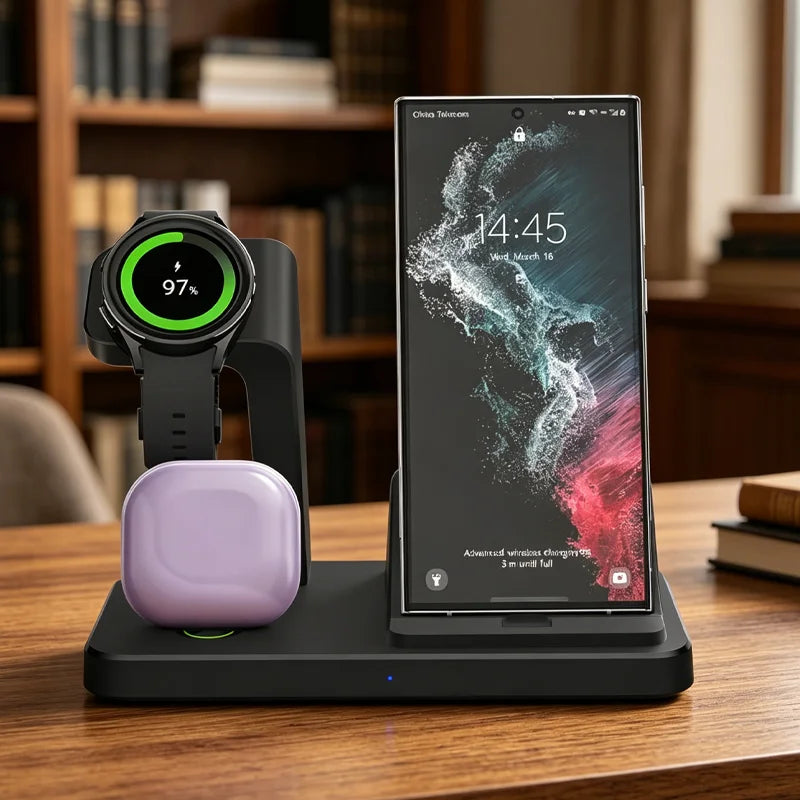 Base de Carga Inalámbrica 3 en 1 de 15W para Samsung S26 S25 S24 Galaxy Watch 8/7/6/5/4 Buds Pro4/3 con Puerto Tipo C, Estación de Carga Rápida