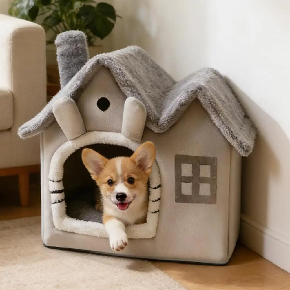 Casa Plegable para Mascotas con Doble Techo y Alfombra Cálida