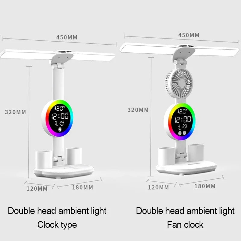Lámpara de mesa Led para estudio, lámpara de escritorio, luz de lectura, luz nocturna Led con ventilador, reloj Led, pantalla, luz de escritorio de lectura