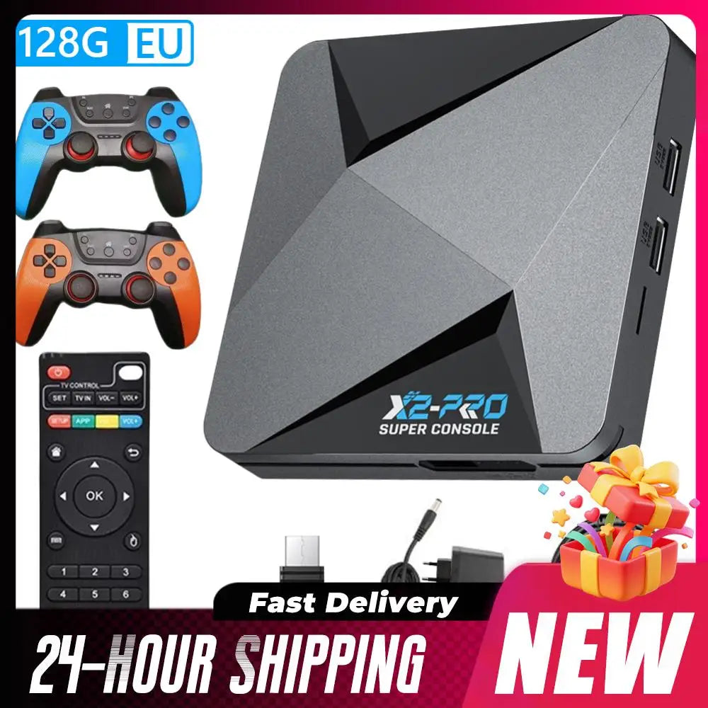 (UE) nueva consola de juegos Retro X2 PRO 64/128/256GB 4K TV Box integrada más de 65000 juegos con 2 Gamepads controladores inalámbricos Arcade