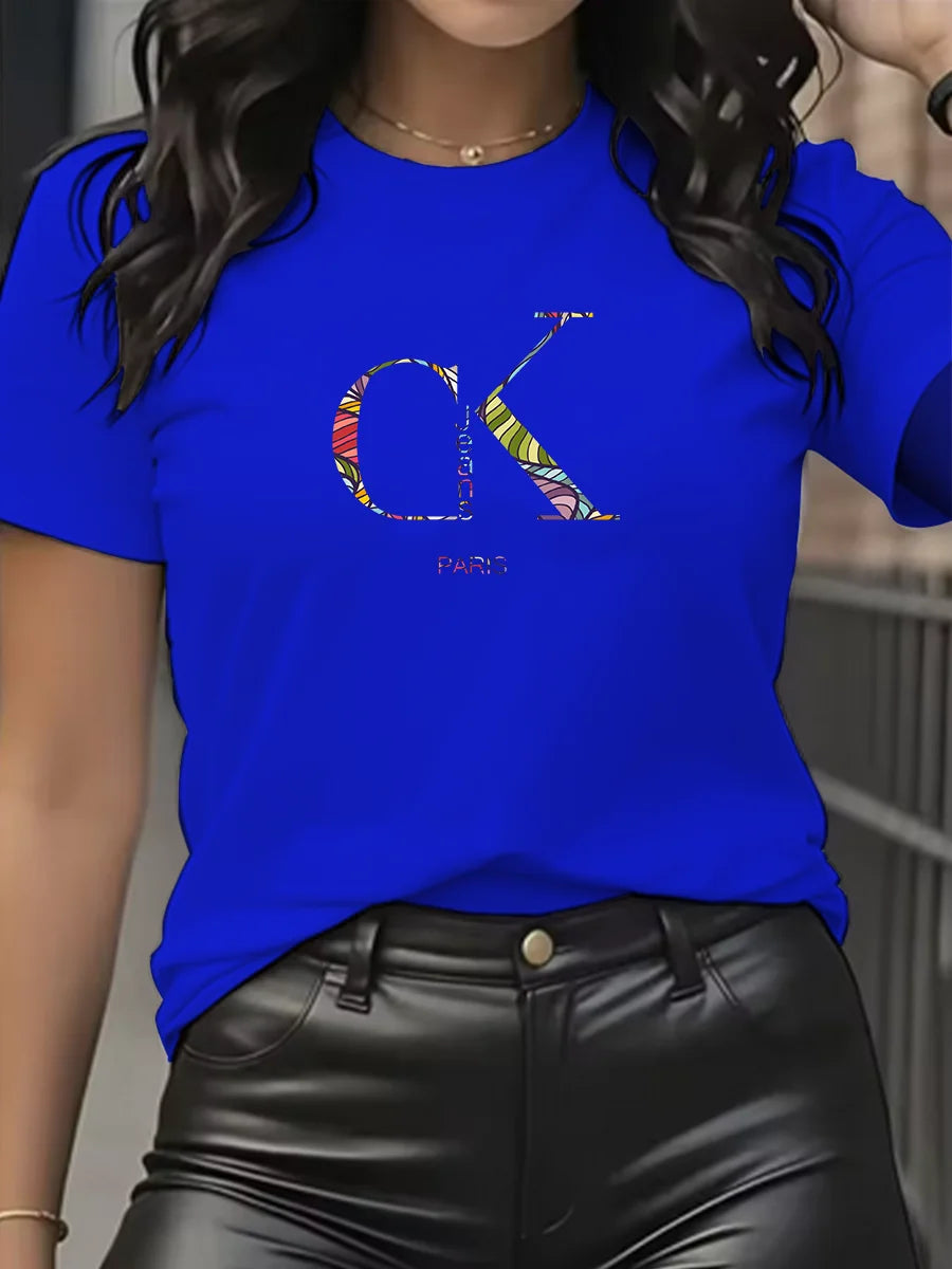 Camiseta con Estampado de Dibujos Animados y Letras Cuello Redondo