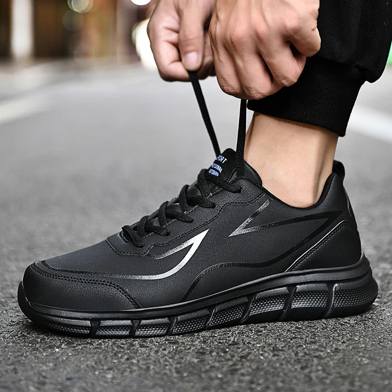 YRZL, zapatillas para correr negras, zapatillas deportivas impermeables de cuero, zapatillas deportivas resistentes al desgaste para hombres, zapatos deportivos para caminar, zapatos cómodos para hombres