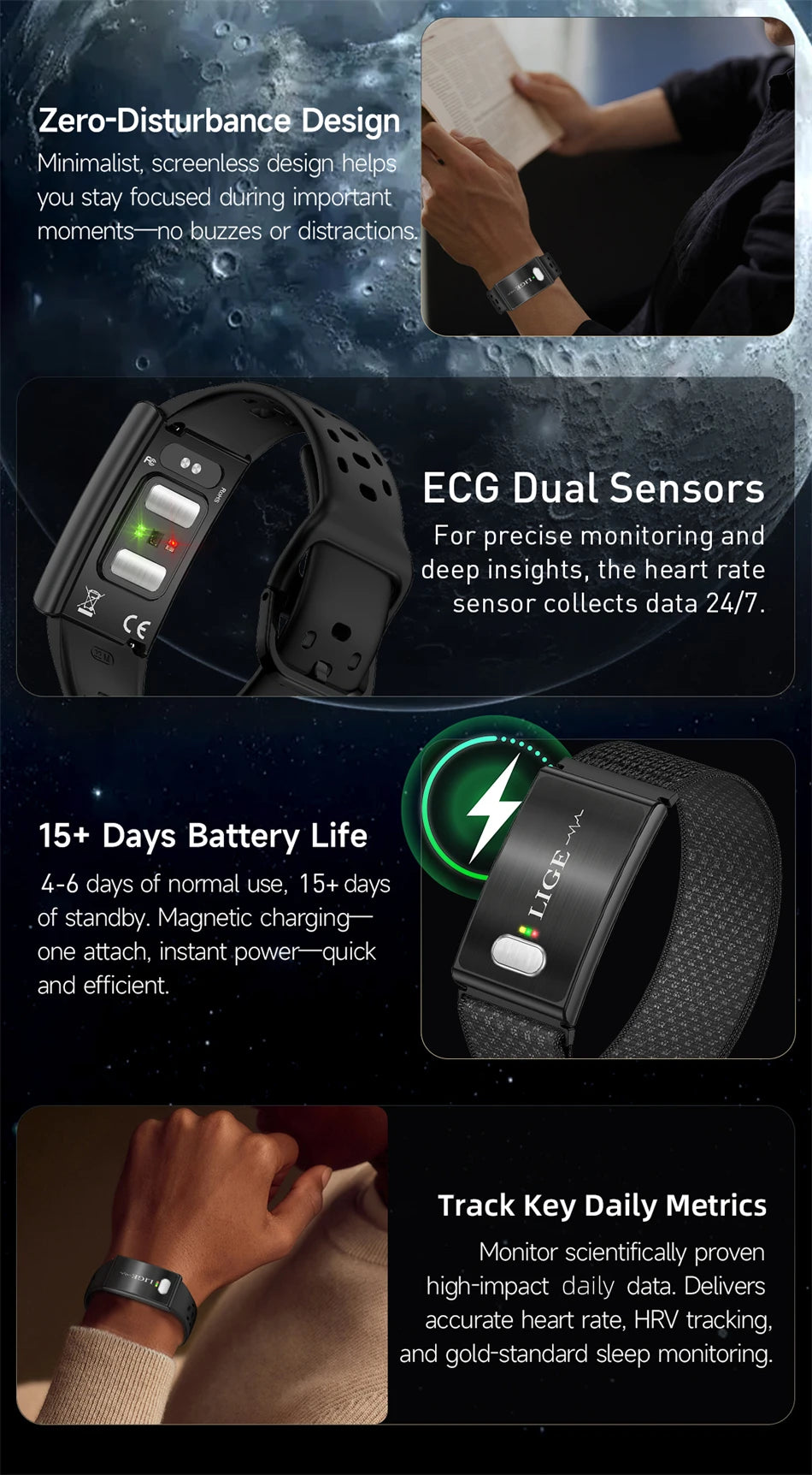 Reloj Inteligente LIGE Sin Pantalla con ECG y HRV