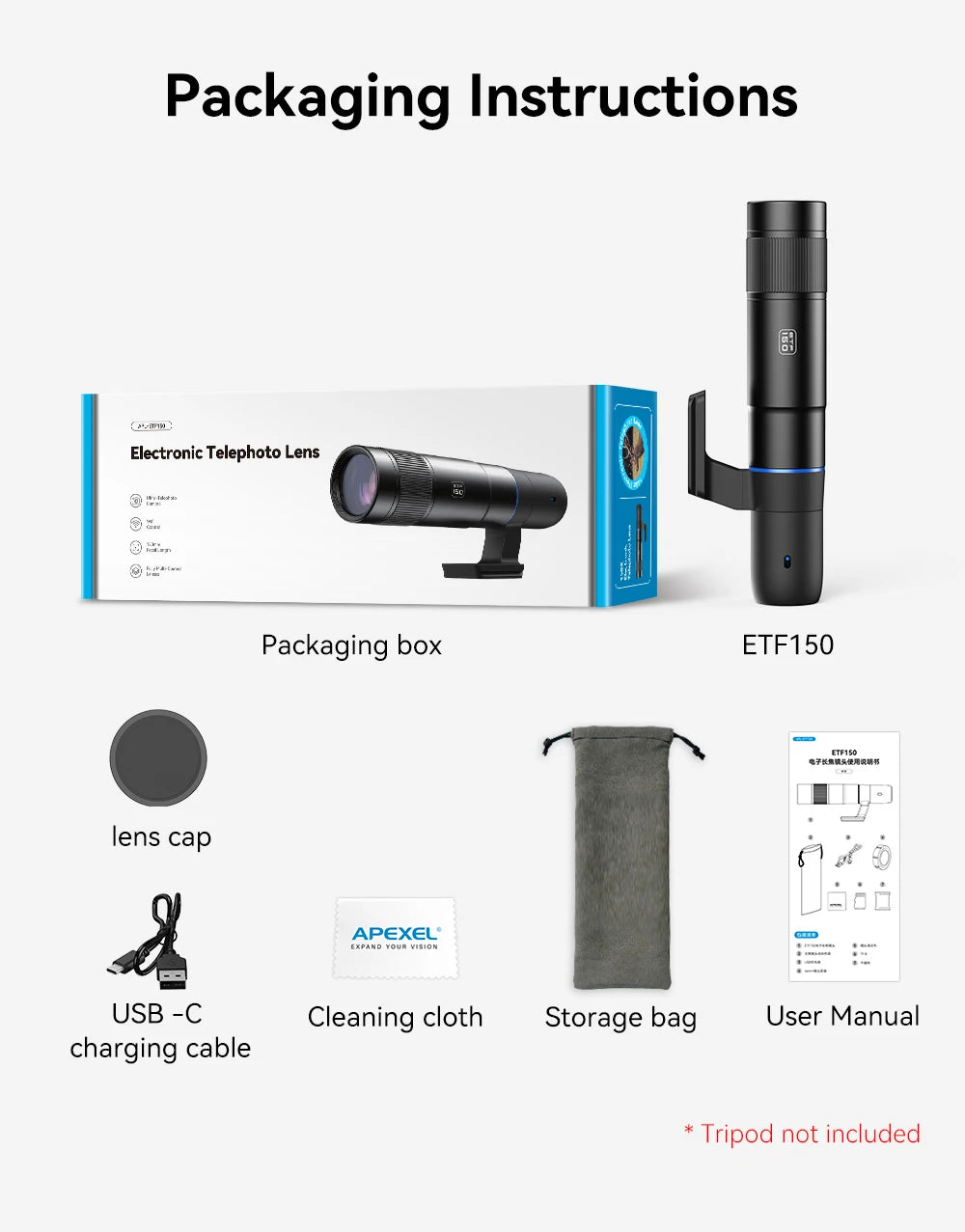 Monocular Digital APEXEL VisionMax Zoom Óptico 45X para Observación de Aves