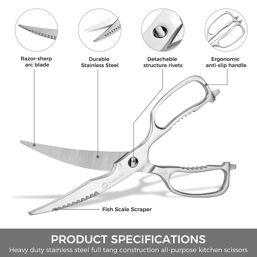 Sunnecko-tijeras de cocina profesionales de acero inoxidable, aptas para lavavajillas, cuchillas curvas de alta resistencia, tijeras de cocina, herramientas de corte