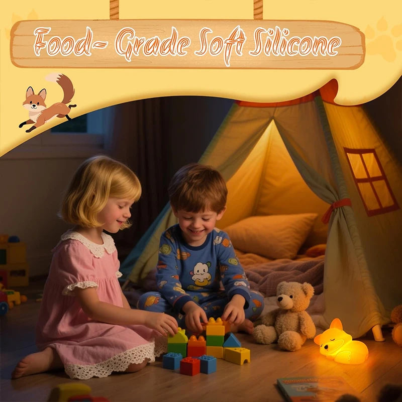 Luz nocturna de zorro, lindos regalos de luz nocturna de silicona para niños, luces de animales con control táctil, temporizador y recargable por USB