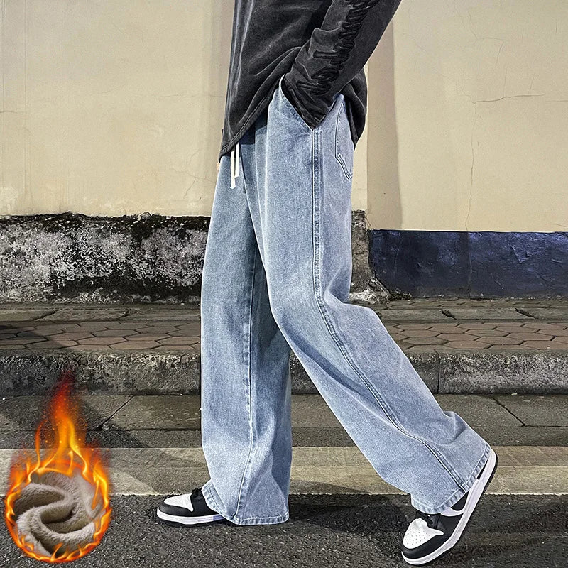 Pantalones Vaqueros Y2K para Hombre, Pierna Ancha, Forro de Terciopelo