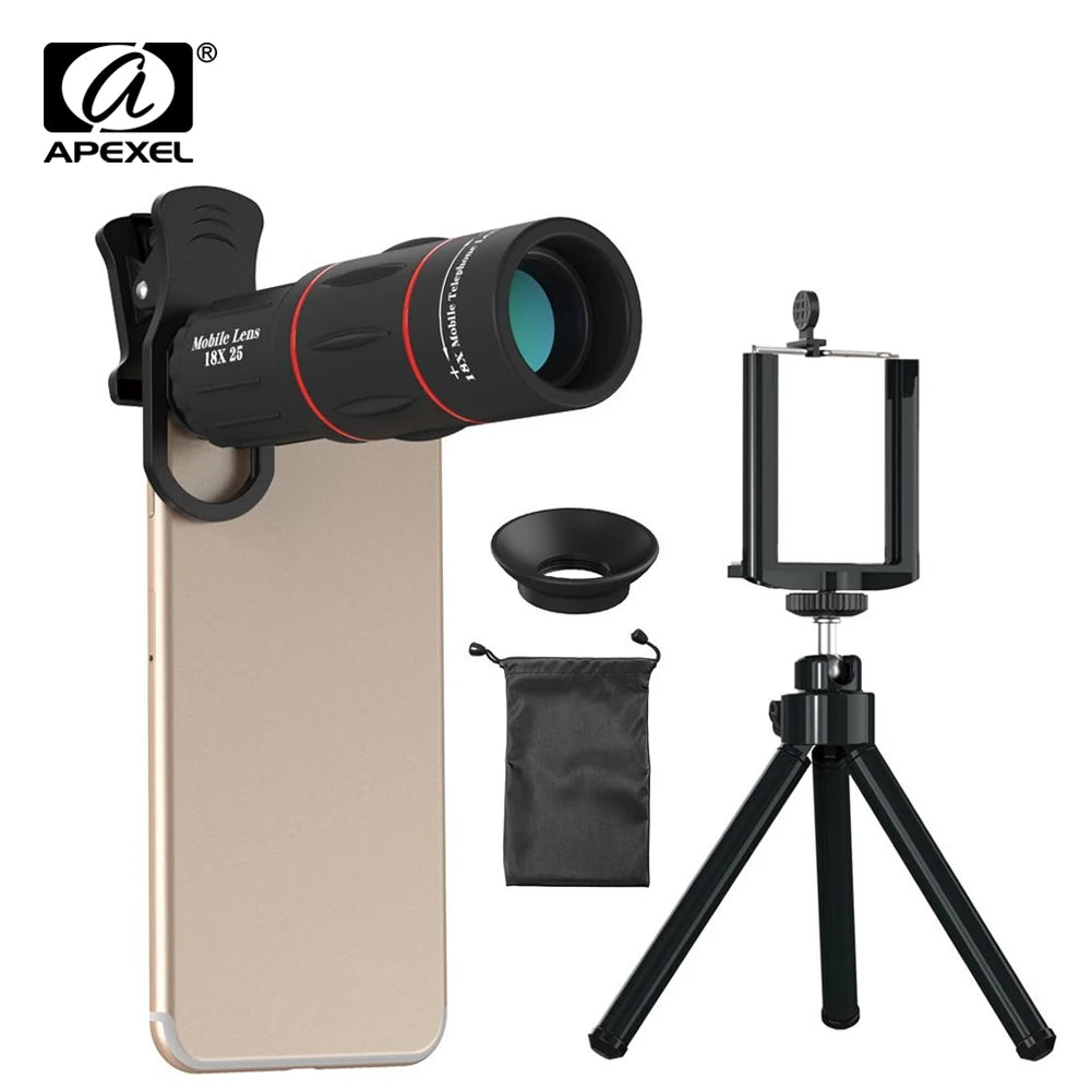 Lente Telescópica Monocular APEXEL 18X con Trípode para Smartphones