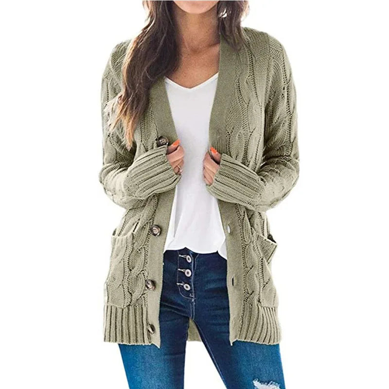 Cárdigan de punto de manga larga para mujer, suéter holgado con una hilera de botones de Color sólido y cuello de pico, prendas de vestir de talla grande S-3XL 2024